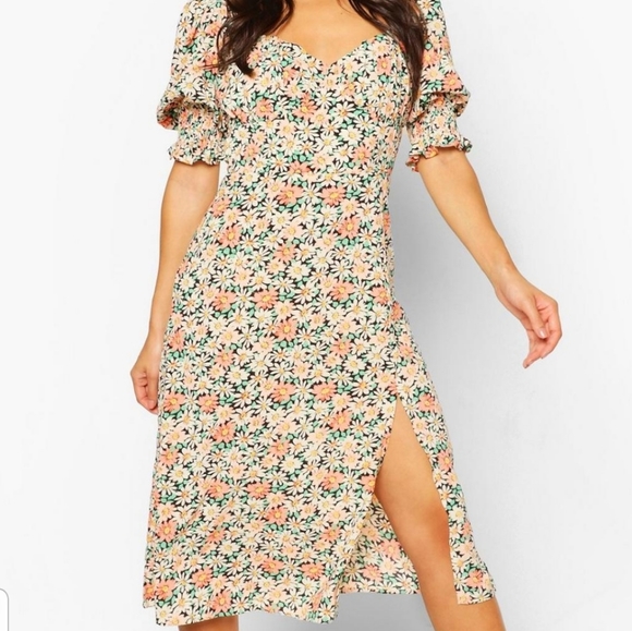 Floral Puff Sleeve Slit Front Midi Dress - Picture 2 of 10